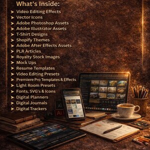 Op de afbeelding: Afbeelding van een digitale productbundel met video-effecten, vectorpictogrammen en Adobe-assets. Een laptop, tablet en smartphone liggen op een bureau met een kopje koffie en potloden. De tekst luidt "All-In-One Digital Product Bundle" en "Ready to Resell."