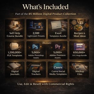 Op de afbeelding: Een afbeelding met een digitale productcollectie, waaronder zelfhulpcursusbundels, Lightroom-voorinstellingen, Excel-sjablonen, receptidee&euml;n, PLR-sjablonen, Photoshop-assets, Premiere-assets, SVG-megabundels, digitale journals, digitale trackers, Canva-sjablonen en mockup-bestanden. Tekst: "What's Included."