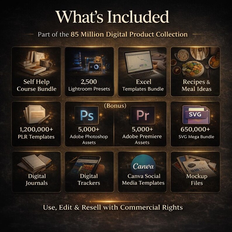 Op de afbeelding: Een afbeelding met een digitale productcollectie, waaronder zelfhulpcursusbundels, Lightroom-voorinstellingen, Excel-sjablonen, receptidee&euml;n, PLR-sjablonen, Photoshop-assets, Premiere-assets, SVG-megabundels, digitale journals, digitale trackers, Canva-sjablonen en mockup-bestanden. Tekst: "What's Included."