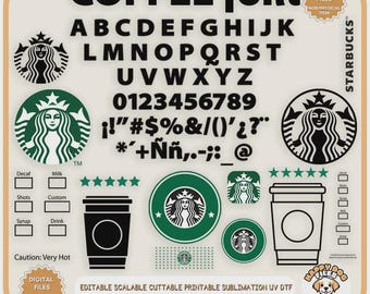 Paquete SVG con temática de café para bricolaje con fuente ttf instalable incluida, decoración de café PNG imprimible, fuente de bloque de clipart, letras de Starbucks personalizadas