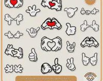 Archivo SVG PNG de manos de Mickey Mouse Archivo de manos de guante de ratón ClipArt de manos de Mickey Mano de corazón Manos de amor Camiseta de Disney