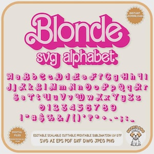 Peut inclure: Un ensemble d'alphabet SVG rose avec le mot "Blonde" dans une police décorative. Comprend des lettres majuscules et minuscules, des chiffres et des symboles. Fichiers numériques pour projets créatifs.