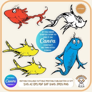 May include: Digital design of cartoon fish in red, black and white, yellow, and blue. The image includes the text "Canva" and instructions for use. File formats include SVG, AI, EPS, PDF, DXF, DWG, JPEG, and PNG.