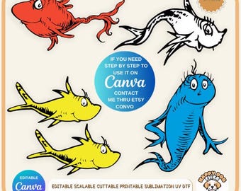 Archivos SVG en capas de un pez y dos peces, pez rojo, pez azul, pez amarillo, Día de la lectura de Seuss, PDF, DXF, Cricut, PNG, clipart de alta resolución editable en Canva