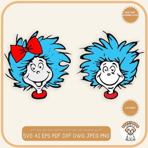 May include: Two cartoon characters with blue hair, white faces, and red accents. One has a red bow. The image includes the text "INSTANT DOWNLOAD" and "LAYERED", along with file type options: SVG AI EPS PDF DXF DWG JPEG PNG.