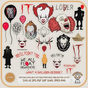 May include: A collection of Pennywise the clown graphics, including various facial expressions, silhouettes, and text elements like "You'll Float Too" and "Want a Balloon Georgie?" in red and black. A red balloon is also featured.