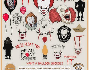 Paquete de archivos SVG de Pennywise It Clown en capas, archivo digital de imágenes prediseñadas de Halloween de terror, película It Clown, Halloween, vector, Cricut, sublimación