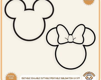 Pacchetto di file SVG con contorno della testa di Topolino, contorno PNG delle orecchie di Topolino, file di taglio stampabile con contorno della testa di Minnie, sagoma di Topolino