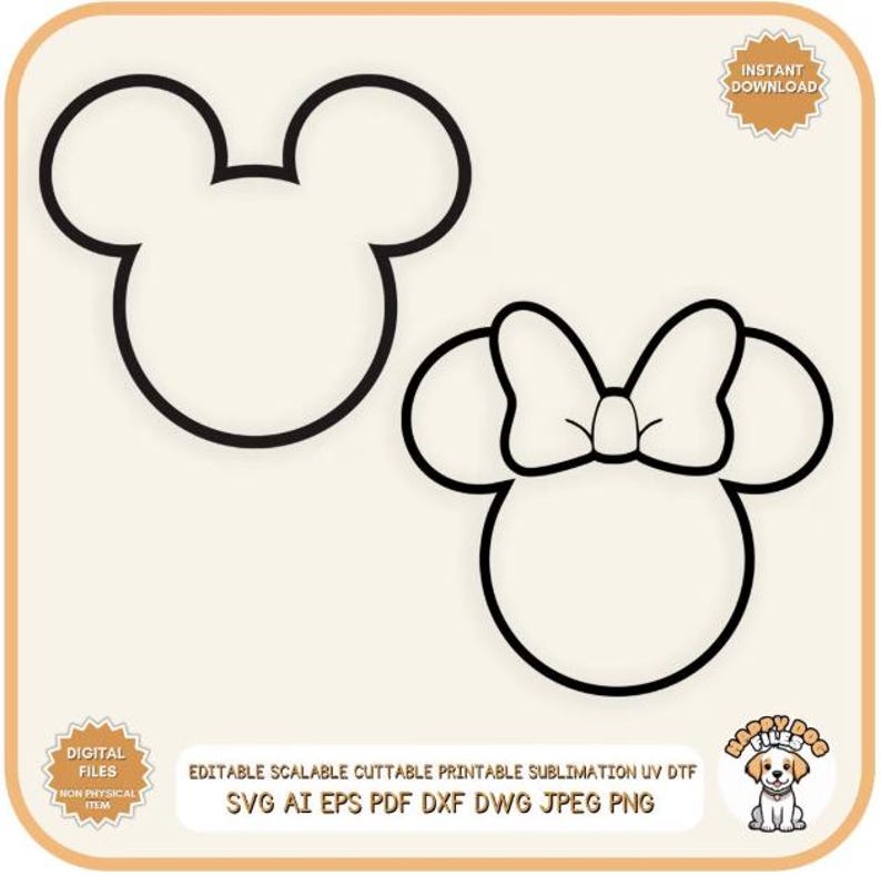 Puede incluir: Dos ilustraciones en contorno negro de las cabezas de Mickey y Minnie Mouse. La cabeza de Mickey Mouse tiene dos orejas grandes. La cabeza de Minnie Mouse tiene un lazo en la parte superior. La imagen incluye el texto "EDITABLE SCALABLE CUTTABLE PRINTABLE SUBLIMATION UV DTF" y "SVG AI EPS PDF DXF DWG JPEG PNG".