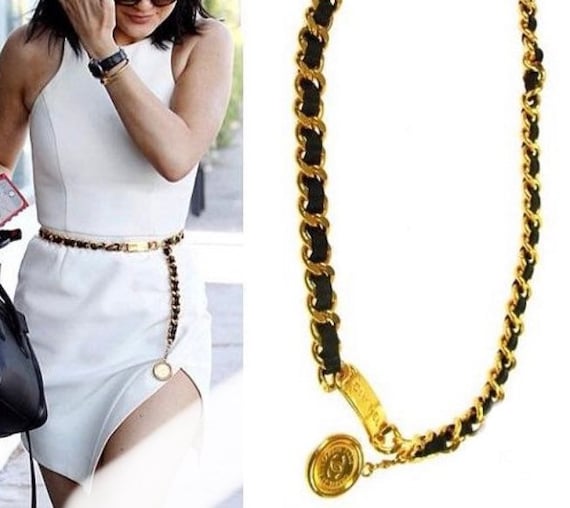 CHANEL Vintage Gold Tone Chain and Leather CC Logo Classic 