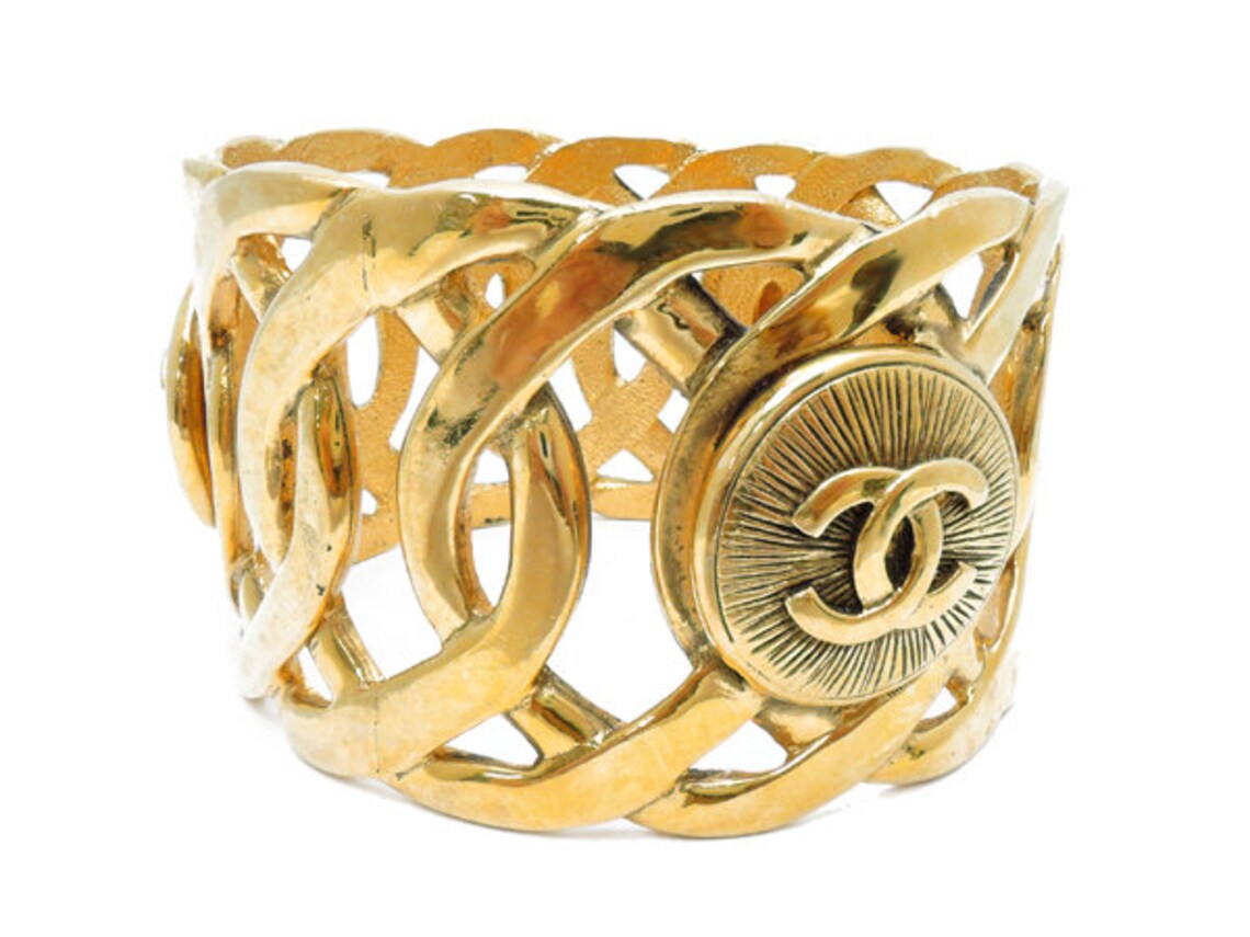 Chanel Vintage Costume Jewelry Gold Double C Row Bangle Logo Etsy