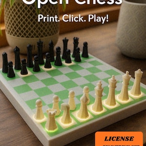 May include: A lit chess set with black and white pieces on a green and white checkered board. The text "Open Chess" and "Print. Click. Play!" are displayed above the board. The board is on a wooden surface.