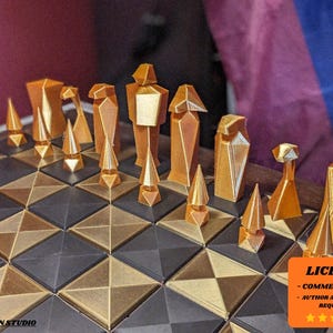 May include: A geometric chess set with gold and bronze pieces on a board with a diamond pattern. The pieces have a modern, angular design. The board is made of dark and light squares. The image includes the text "LICENSE - COMMERCIAL USE - AUTHOR ATTRIBUTION REQUIRED".