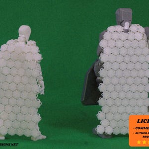 Peut inclure: Deux figurines articulées, l'une face à l'avant et l'autre tournée, toutes deux vêtues d'une armure blanche à motif en nid d'abeille. La figurine de droite tient un bouclier et une épée. Le fond est vert uni. Une étiquette orange de licence est en bas à droite.