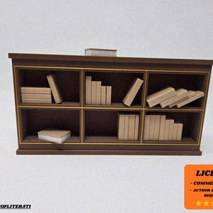 May include: A miniature bookshelf with six compartments, filled with small, beige-colored books. The bookshelf is brown with gold trim and a small book on top. The image includes text that says "LICENSE - COMMERCIAL USE - AUTHOR ATTRIBUTION REQUIRED".