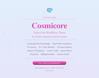 Cosmicore WordPress Theme | Video Homepage, Typewriter Animation, Jelly-Button (Digital Download)
