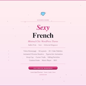 May include: A digital graphic with a pink and white gradient background. The text "Sexy French" is displayed in a bold, elegant font. Additional text includes "Minimal Chic WordPress Theme" and a list of features. A heart icon is at the top.