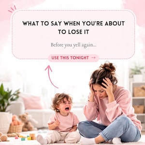 Puede incluir: Imagen con texto: "QUÉ DECIR CUANDO ESTÁS A PUNTO DE PERDER EL CONTROL. Antes de volver a gritar... USA ESTO ESTA NOCHE." Una mujer y un niño están en la imagen. El niño está llorando. La mujer se agarra la cabeza.