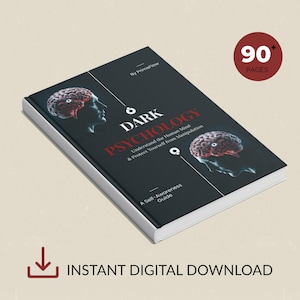 Puede incluir: Un libro titulado "Dark Psychology" con una cubierta negra, con un gráfico de cerebro y el texto "Understand the Human Mind & Protect Yourself from Manipulation". El libro está etiquetado como una guía de autoconciencia y una descarga digital instantánea.