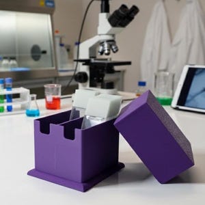 May include: A purple laboratory slide holder with two slides inside, and a separate lid. The holder is on a white surface, with a microscope and other lab equipment in the background. The holder is designed to hold the slides upright.