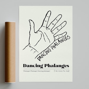 Peut inclure: Une affiche rectangulaire présentant un dessin au trait noir d'une main ouverte avec le texte "DANCING PHALANGES" écrit en diagonale en dessous. Plus bas, le texte "Dancing Phalanges" apparaît en gras, suivi de "Phalanges! Phalanges! Dancing phalanges!" et de la transcription phonétique "['do:nsɪŋ:fə.lɒndʒiz]" en noir.