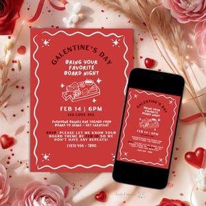 May include: A red Galentine's Day invitation with white text and a cheese board illustration. A smartphone displays the same design. The invitation includes event details: Feb 14, 6 PM, and a request to bring a themed food board.