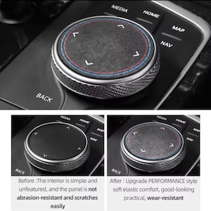 May include: Close-up of a car's control knob. The knob is silver with a textured black center and directional arrows. A thin red and blue ring surrounds the center. The image also shows the words "MEDIA", "HOME", "MAP", "NAV", and "BACK".