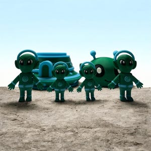 May include: A collection of green alien figurines with blue accents, standing in front of a blue and green spaceship model and a green alien head. The aliens have large black eyes and wear blue headsets. The scene is set on a sandy surface.