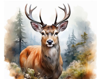 May include: Watercolor painting of a majestic deer with large antlers, standing in a forest clearing. The deer has brown fur and is surrounded by trees and foliage in shades of green, brown, and orange. The artwork has a soft, painterly style.