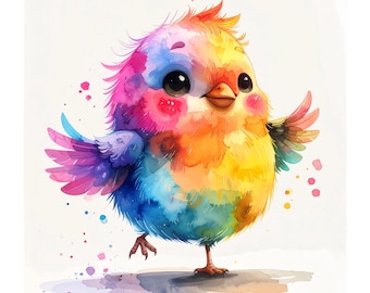 16 Kawaii Rainbow Bird Clipart, akwarela zabawny ptak fantasy JPG (pobieranie cyfrowe)