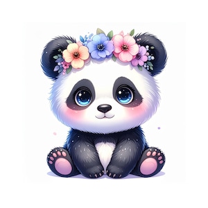 Op de afbeelding: Een illustratie van een panda met een bloemenkrans. De panda heeft zwart-witte vacht, roze wangen en grote blauwe ogen. De bloemenkrans bestaat uit roze, blauwe en gele bloemen. De panda zit met zijn poten naar voren.