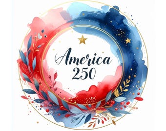 Pakiet 12 amerykańskich 250 akwarelowych klipartów, patriotyczna typografia JPG (pobieranie cyfrowe)