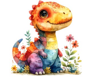 12 Colorful Watercolor Dinosaur Clipart Bundle, Dino Nursery Art JPG (Digital Download)