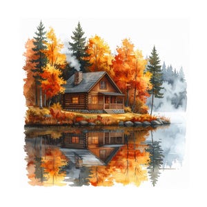 Puede incluir: Una ilustración en acuarela de una cabaña de madera rodeada de árboles otoñales con follaje naranja y amarillo. Una chimenea de piedra emite humo y la cabaña se refleja en el agua tranquila, con un bosque brumoso de fondo.