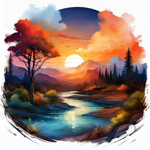 May include: A colourful landscape painting shows a sunset over a river and mountains. The sky is filled with orange, red, and blue hues. A large tree stands on the left, and the water reflects the colourful sky. Birds fly in the distance.
