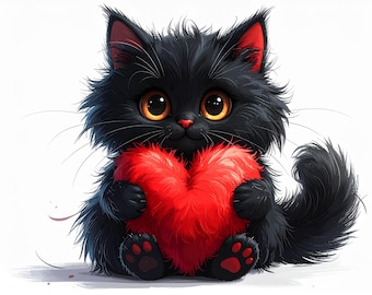 12 ilustracji PNG z puszystym czarnym kotem trzymającym serce, kawaii kociak na ścianę (pobieranie cyfrowe)
