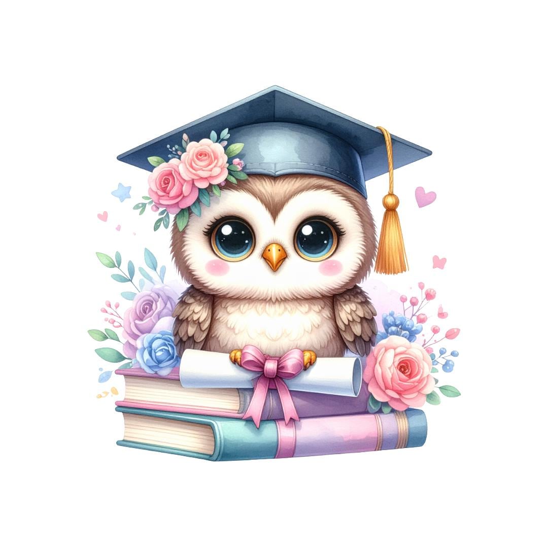 12 Watercolor Graduation Baby Owl Clipart Bundle, Cute Kawaii Graduate Owl JPG (Digital Download)