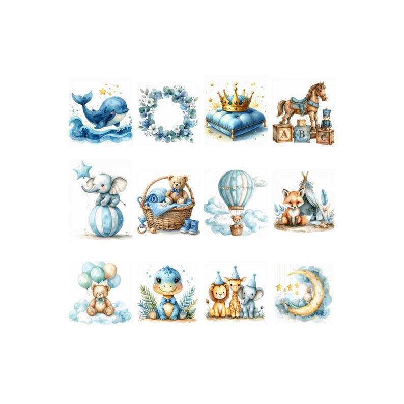 Baby Boy Shower Watercolor Clipart Bundle, Blue Nursery Decor (digital ...