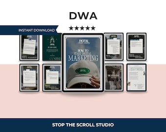 May include: Digital marketing guide with the text "How to Start Digital Marketing" on a tablet screen. Other tablets display documents. The image includes the text "DWA" and "Instant Download".