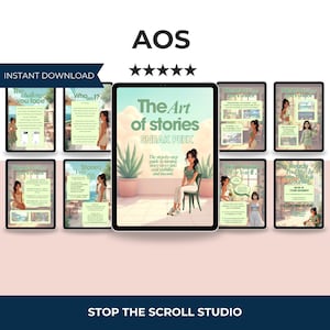 以下が含まれることがあります： タブレット上のデジタル製品モックアップ。 「The Art of Stories」というコースを紹介しています。 中央のタブレットには、座っている女性と「SNEAK PEEK」というテキストが表示されています。 他のタブレットにはコースの内容が表示されています。 上部のバナーには「AOS」と「INSTANT DOWNLOAD」と書かれています。