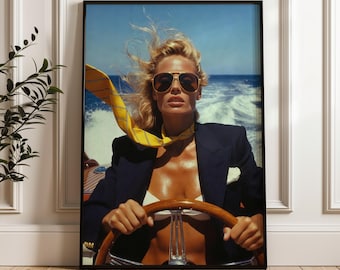 Vintage Old Money Print, Woman Steering Yacht, 80s Fashion Poster, Coastal Glamour
