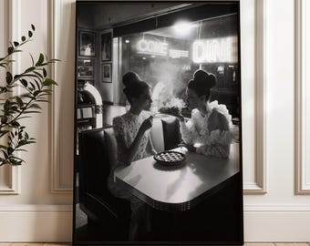 Vintage Diner Print Black White Retro Americana Poster Nostalgic Cafe Restaurant Wall Decor