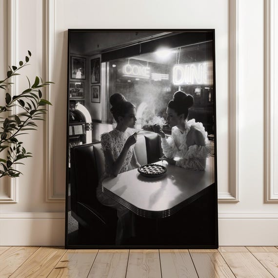 Vintage Diner Print Black White Retro Americana Poster Nostalgic Cafe Restaurant Wall Decor
