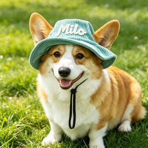 Può includere: Un cane corgi sorridente con un cappello di velluto a coste verde chiaro con il nome "Milo" ricamato sopra. Il cane ha il pelo marrone e bianco ed è seduto sull'erba verde. Il cappello ha un sottogola nero.