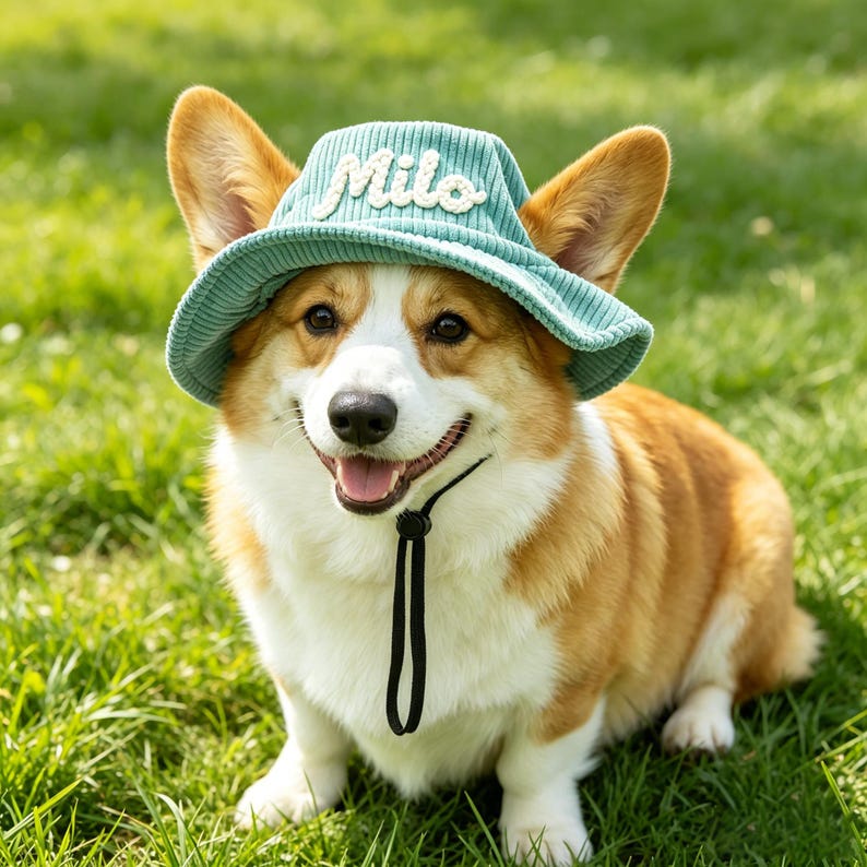May include: A light teal corduroy bucket hat featuring the name Milo embroidered in white script on the front. The hat includes a black adjustable chin strap with a sliding toggle, designed to fit securely around the head of a small dog.