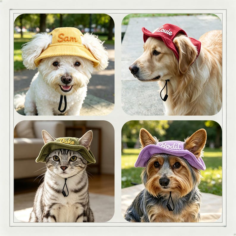 Personalized Corduroy Pet Bucket Hat, Adjustable Dog Sun hat, Personalized Fisherman Cap for Pets, Doggy Outdoor Hat, Pet Lover Gift image 2