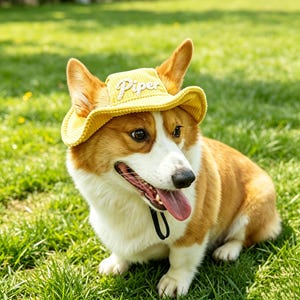 May include: A yellow corduroy bucket hat with a wavy brim and the name Piper embroidered in white script lettering on the front. The hat features a black chin strap and is worn by a tan and white Corgi dog with its tongue hanging out.