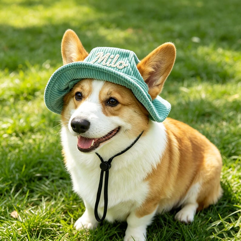 May include: A light green corduroy bucket hat with a wide brim and a black adjustable chin strap. The hat features the name Milo embroidered in white script on the front. The hat is worn by a tan and white Corgi dog with pointed ears and a happy expression.
