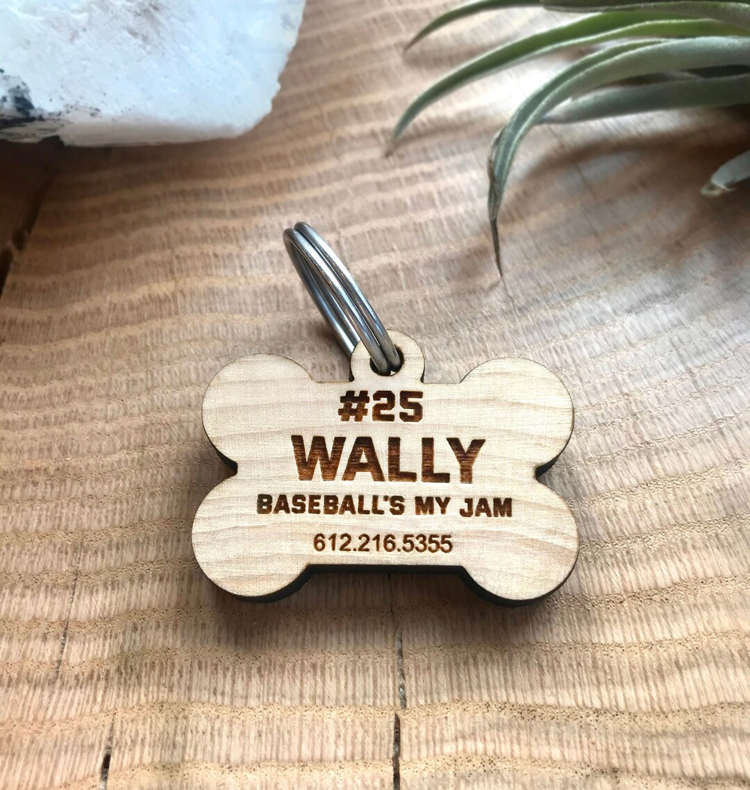 Custom Engraved Wood Dog Tag, Funny Dog Tag, Baseball Dog Tag, Wood Dog
