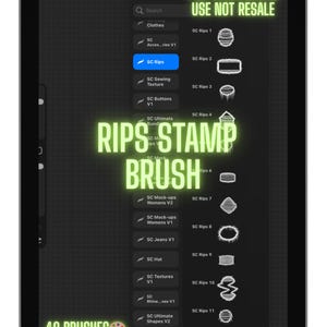 May include: A digital tablet screen displays a "Classic Library" with various brush options. Text reads "RIPS STAMP BRUSH" and "FOR COMMERCIAL USE NOT RESALE." The screen shows 40 brushes, including "SC Rips" and other design elements.